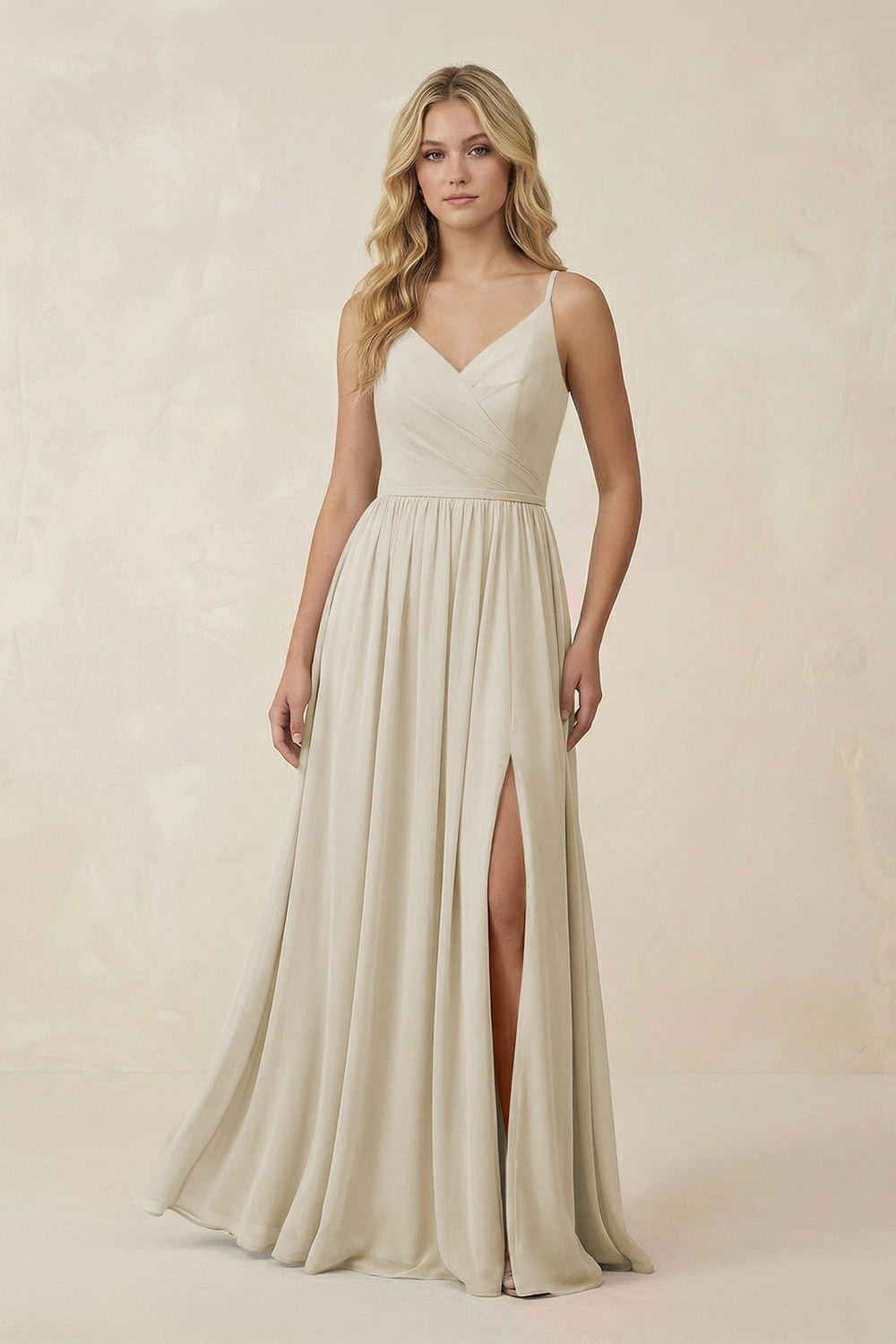 V - Neck Spaghetti Strap A - Line Chiffon Bridesmaid Dress in Dove Gray - KissProm Bridesmaid Dresses