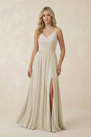 V - Neck Spaghetti Strap A - Line Chiffon Bridesmaid Dress in Dove Gray - KissProm Bridesmaid Dresses