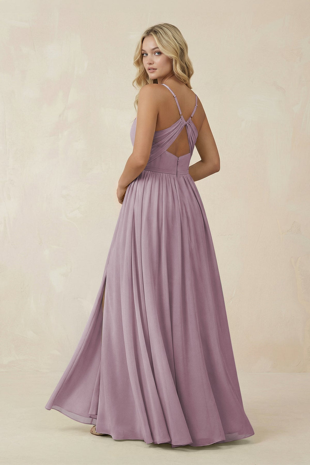 V - Neck Spaghetti Strap A - Line Chiffon Bridesmaid Dress in Dusk - KissProm Bridesmaid Dresses