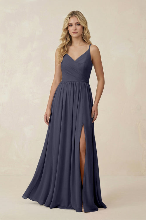 V - Neck Spaghetti Strap A - Line Chiffon Bridesmaid Dress in Dusk Blue - KissProm Bridesmaid Dresses