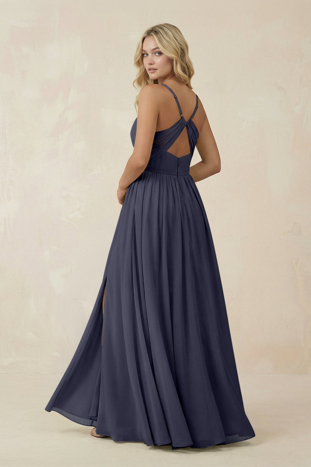 V - Neck Spaghetti Strap A - Line Chiffon Bridesmaid Dress in Dusk Blue - KissProm Bridesmaid Dresses