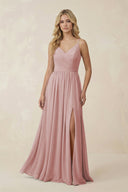 V - Neck Spaghetti Strap A - Line Chiffon Bridesmaid Dress in Dusty Rose - KissProm Bridesmaid Dresses