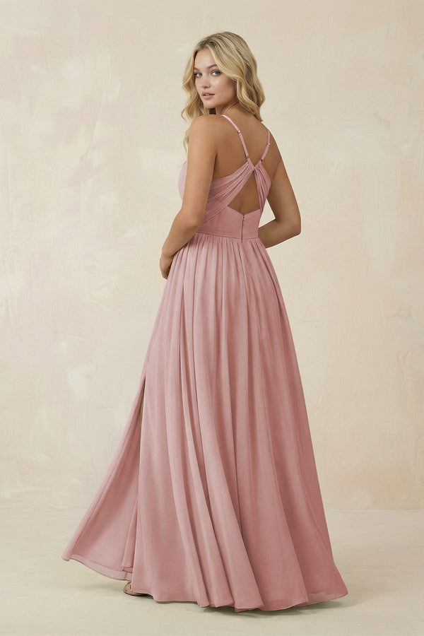 V - Neck Spaghetti Strap A - Line Chiffon Bridesmaid Dress in Dusty Rose - KissProm Bridesmaid Dresses