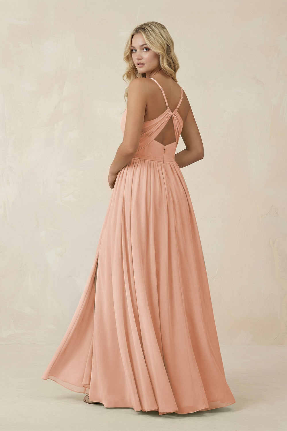 V - Neck Spaghetti Strap A - Line Chiffon Bridesmaid Dress in English Rose - KissProm Bridesmaid Dresses
