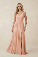V - Neck Spaghetti Strap A - Line Chiffon Bridesmaid Dress in English Rose - KissProm Bridesmaid Dresses
