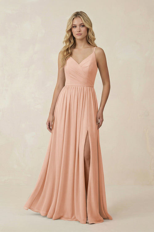 V - Neck Spaghetti Strap A - Line Chiffon Bridesmaid Dress in English Rose - KissProm Bridesmaid Dresses