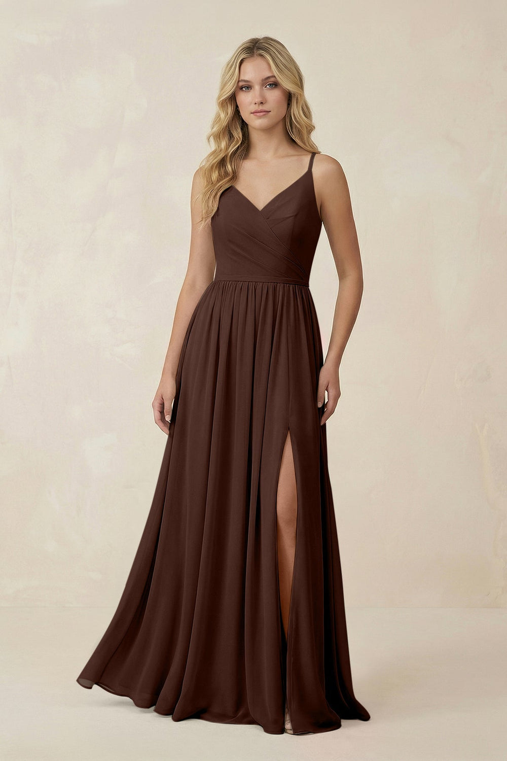 V - Neck Spaghetti Strap A - Line Chiffon Bridesmaid Dress in Espresso - KissProm Bridesmaid Dresses