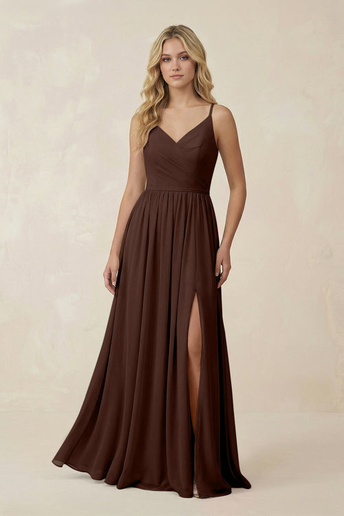 V - Neck Spaghetti Strap A - Line Chiffon Bridesmaid Dress in Espresso - KissProm Bridesmaid Dresses