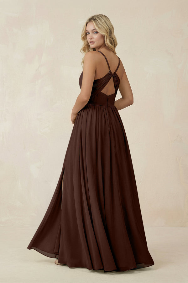 V - Neck Spaghetti Strap A - Line Chiffon Bridesmaid Dress in Espresso - KissProm Bridesmaid Dresses