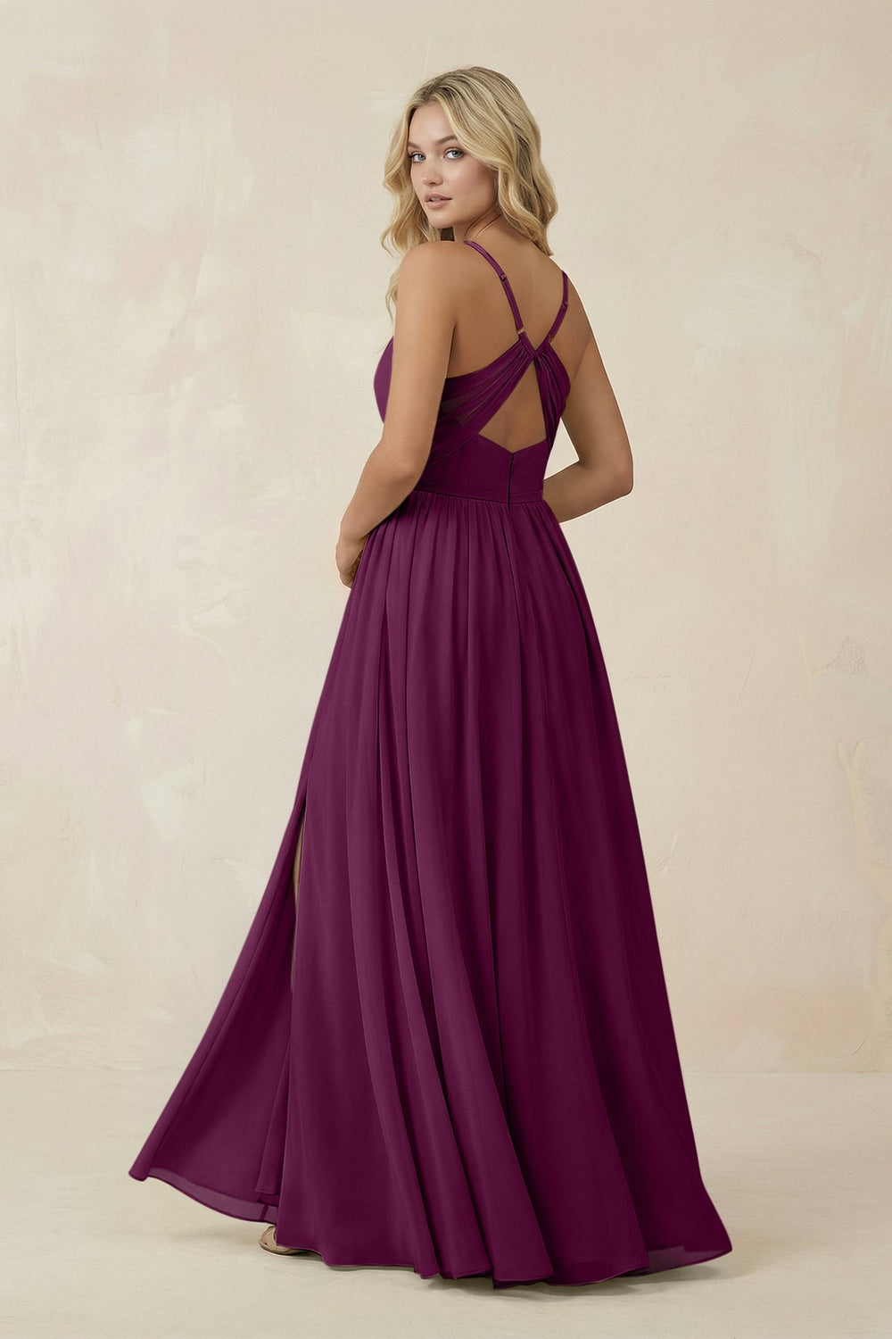V - Neck Spaghetti Strap A - Line Chiffon Bridesmaid Dress in Fig - KissProm Bridesmaid Dresses