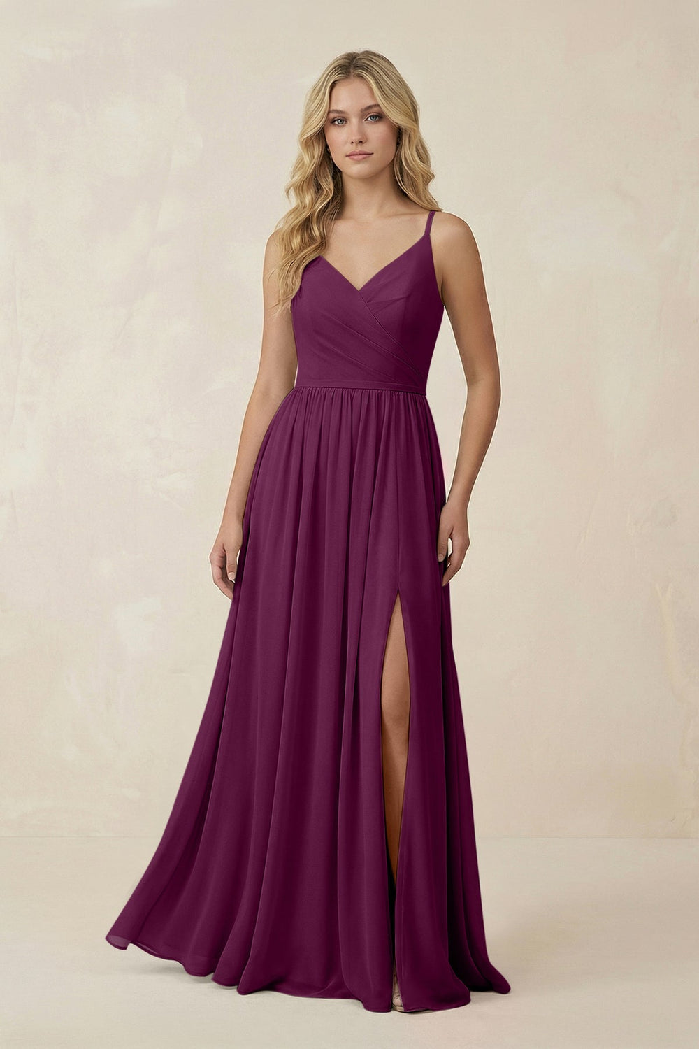 V - Neck Spaghetti Strap A - Line Chiffon Bridesmaid Dress in Fig - KissProm Bridesmaid Dresses
