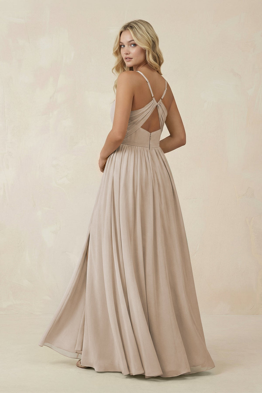 V - Neck Spaghetti Strap A - Line Chiffon Bridesmaid Dress in Frost - KissProm Bridesmaid Dresses