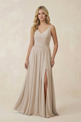 V - Neck Spaghetti Strap A - Line Chiffon Bridesmaid Dress in Frost - KissProm Bridesmaid Dresses
