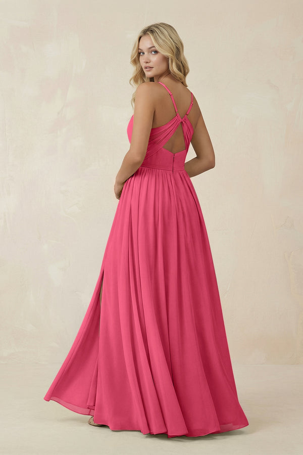 V - Neck Spaghetti Strap A - Line Chiffon Bridesmaid Dress in Fuchsia - KissProm Bridesmaid Dresses
