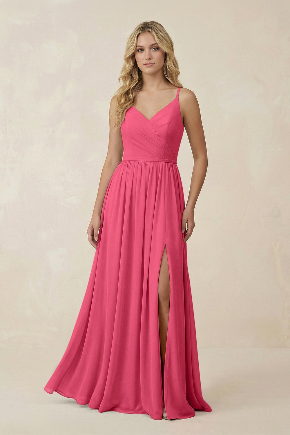 V - Neck Spaghetti Strap A - Line Chiffon Bridesmaid Dress in Fuchsia - KissProm Bridesmaid Dresses