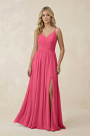 V - Neck Spaghetti Strap A - Line Chiffon Bridesmaid Dress in Fuchsia - KissProm Bridesmaid Dresses