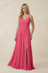 V - Neck Spaghetti Strap A - Line Chiffon Bridesmaid Dress in Fuchsia - KissProm Bridesmaid Dresses