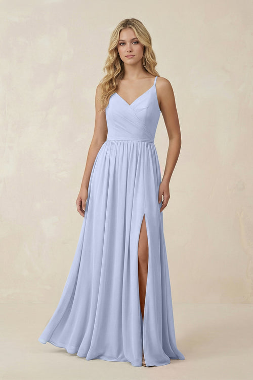 V - Neck Spaghetti Strap A - Line Chiffon Bridesmaid Dress in Ice - KissProm Bridesmaid Dresses