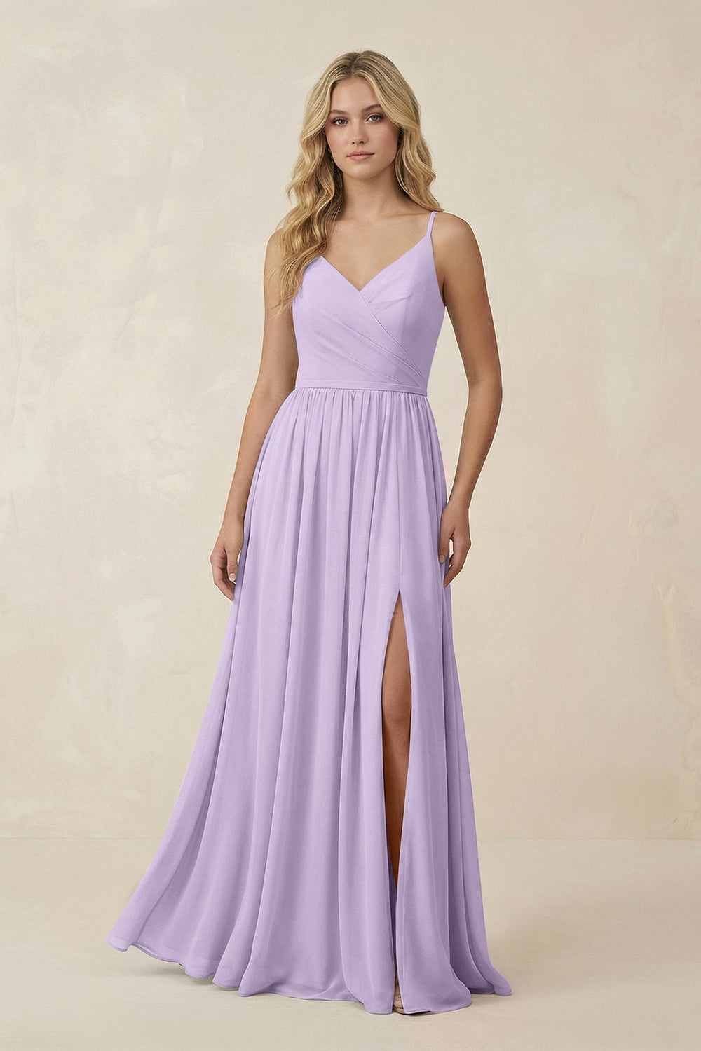 V - Neck Spaghetti Strap A - Line Chiffon Bridesmaid Dress in Lavender - KissProm Bridesmaid Dresses