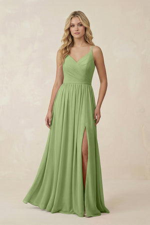 V - Neck Spaghetti Strap A - Line Chiffon Bridesmaid Dress in Matcha - KissProm Bridesmaid Dresses