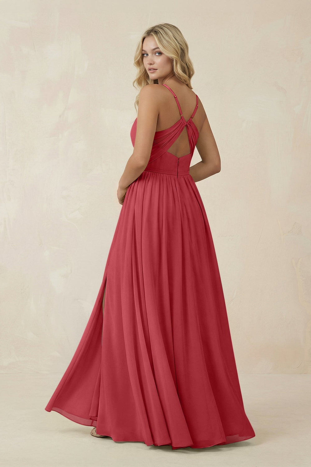 V - Neck Spaghetti Strap A - Line Chiffon Bridesmaid Dress in Merlot - KissProm Bridesmaid Dresses