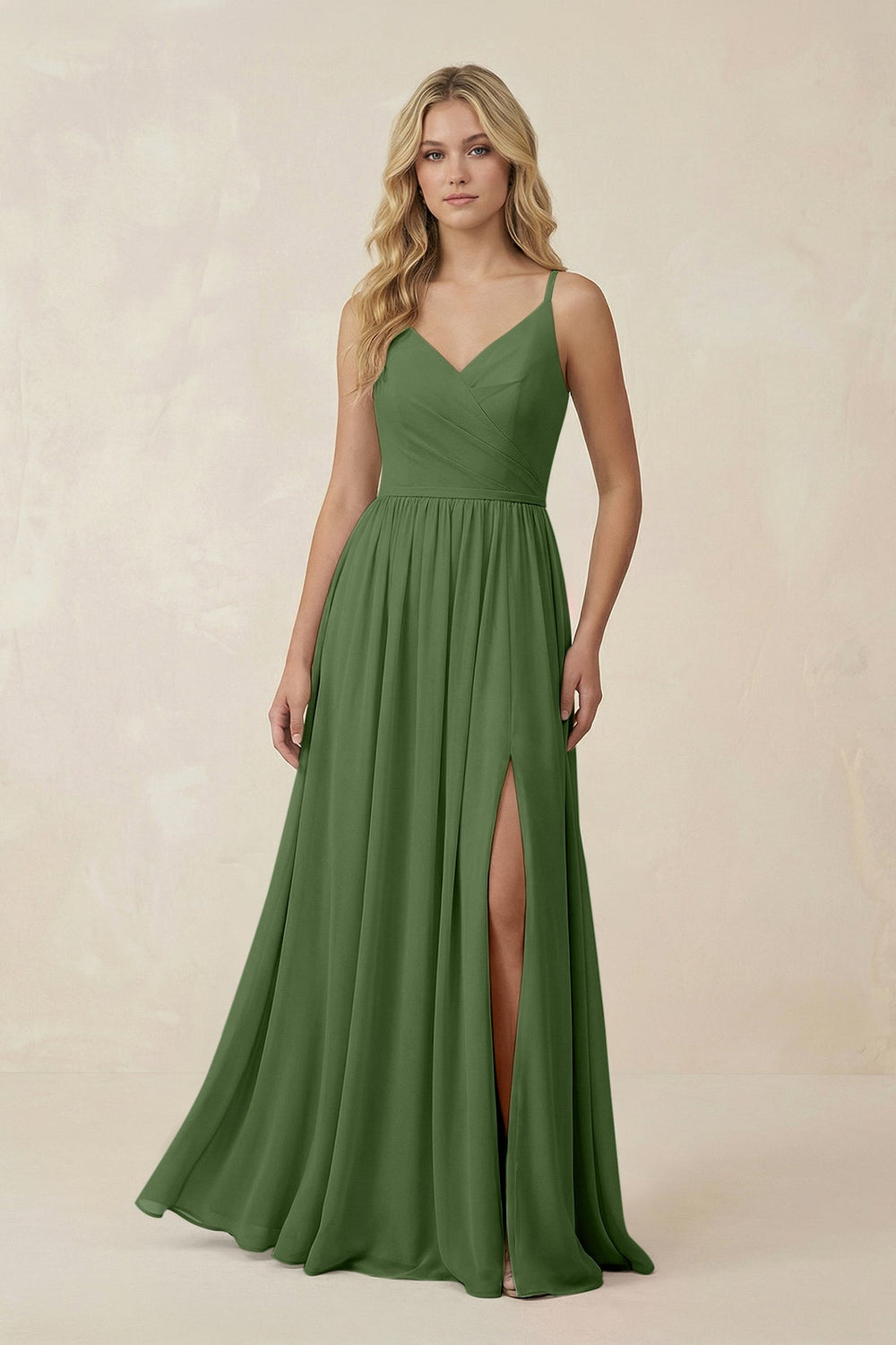 V - Neck Spaghetti Strap A - Line Chiffon Bridesmaid Dress in Moss - KissProm Bridesmaid Dresses