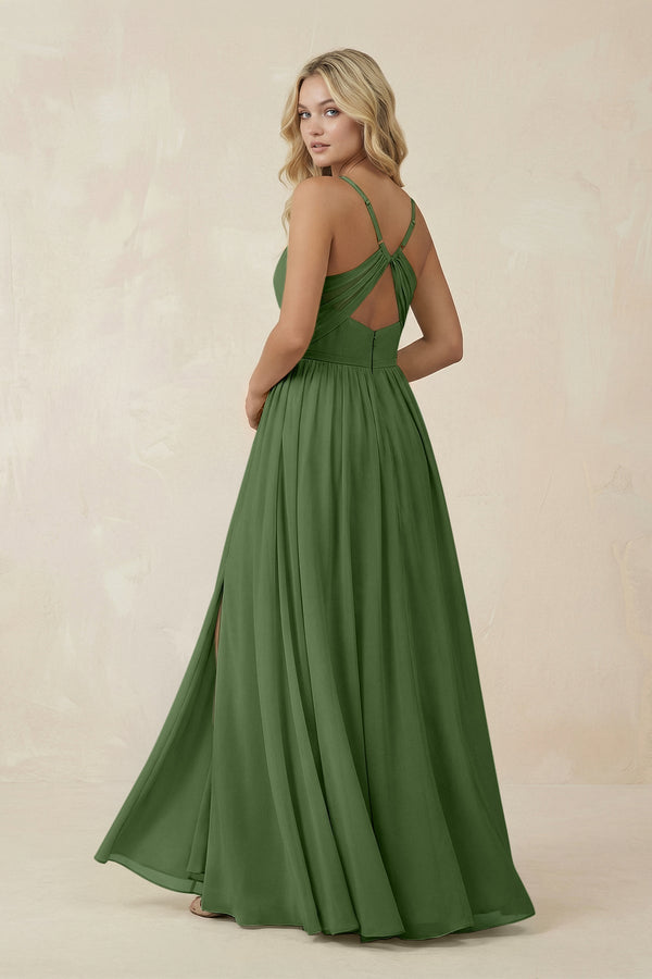 V - Neck Spaghetti Strap A - Line Chiffon Bridesmaid Dress in Moss - KissProm Bridesmaid Dresses