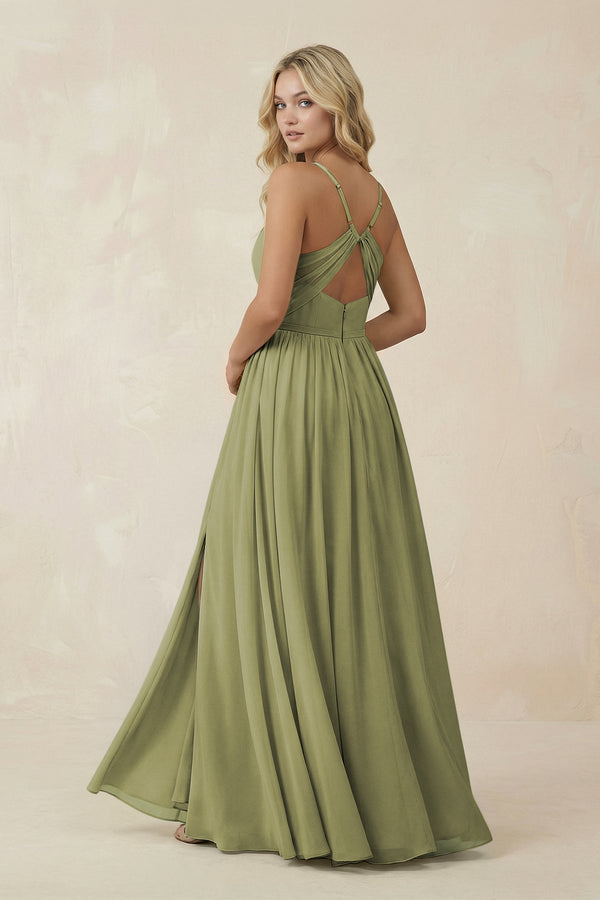 V - Neck Spaghetti Strap A - Line Chiffon Bridesmaid Dress in Moss Green - KissProm Bridesmaid Dresses