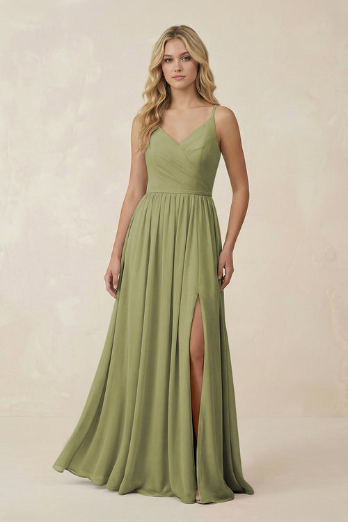 KissProm V-Neck Spaghetti Strap A-Line Chiffon Bridesmaid Dress in Moss Green, Moss Green / 2