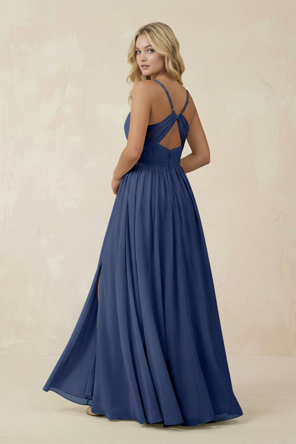 V - Neck Spaghetti Strap A - Line Chiffon Bridesmaid Dress in Navy - KissProm Bridesmaid Dresses