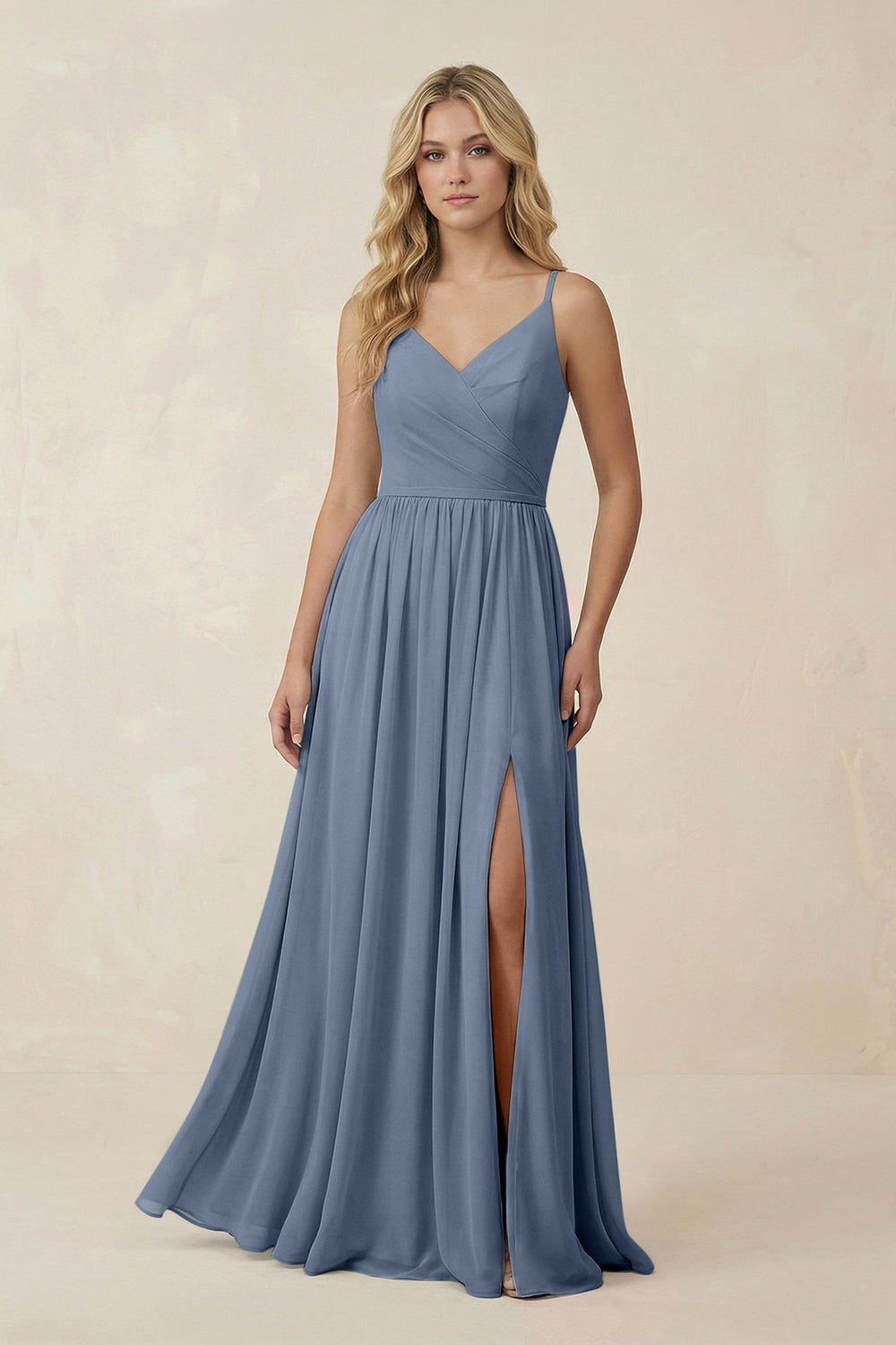 V - Neck Spaghetti Strap A - Line Chiffon Bridesmaid Dress in Neptune - KissProm Bridesmaid Dresses