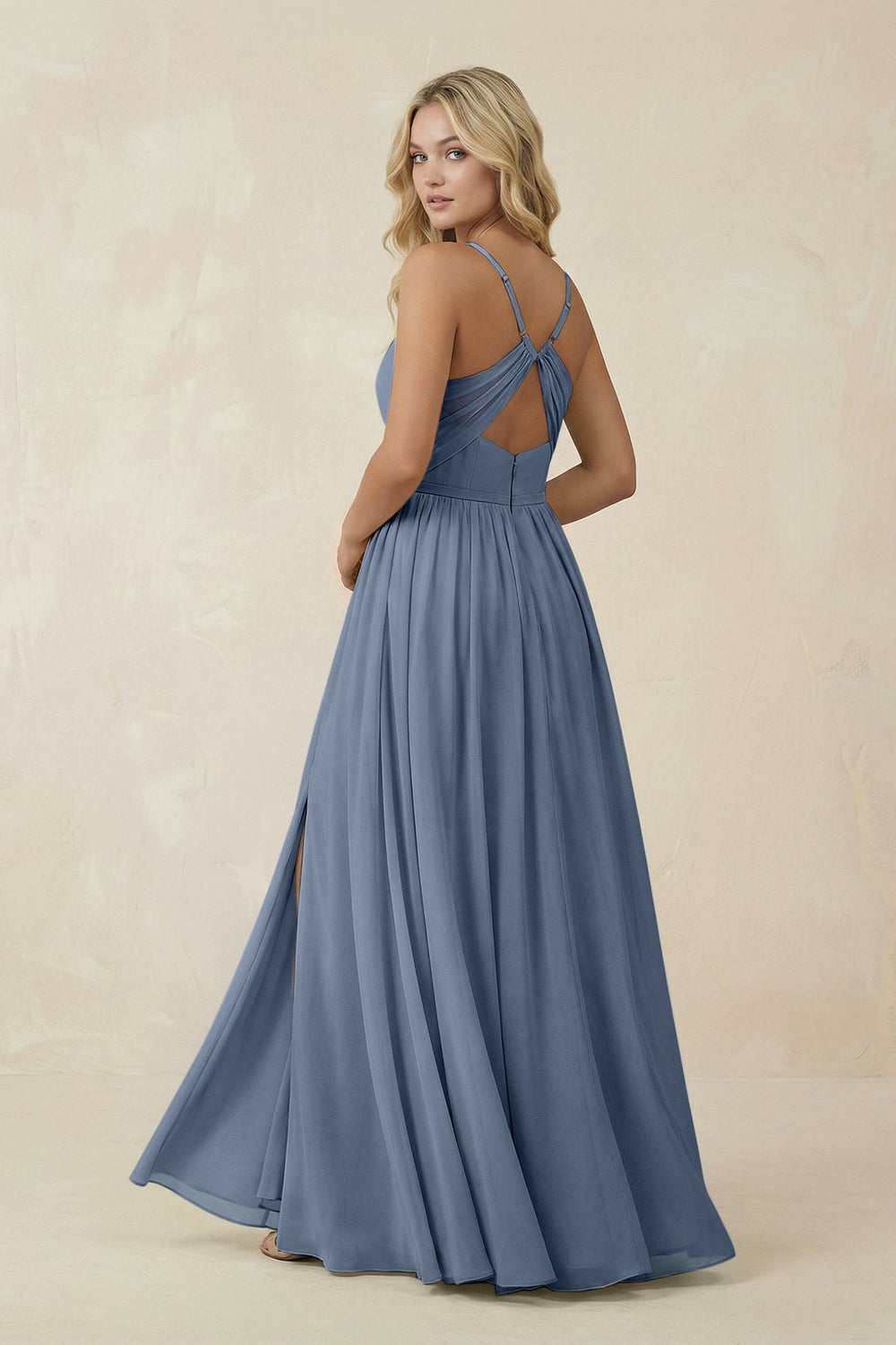 V - Neck Spaghetti Strap A - Line Chiffon Bridesmaid Dress in Neptune - KissProm Bridesmaid Dresses
