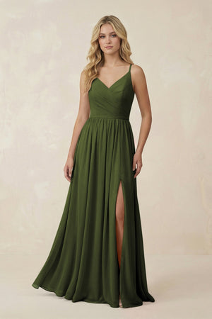 V - Neck Spaghetti Strap A - Line Chiffon Bridesmaid Dress in Olive - KissProm Bridesmaid Dresses