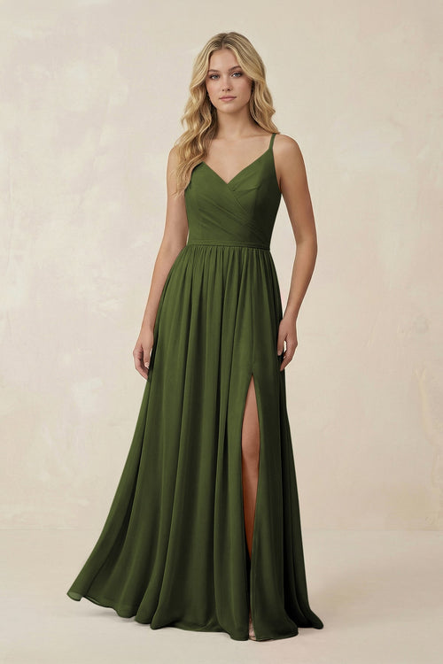 V - Neck Spaghetti Strap A - Line Chiffon Bridesmaid Dress in Olive - KissProm Bridesmaid Dresses