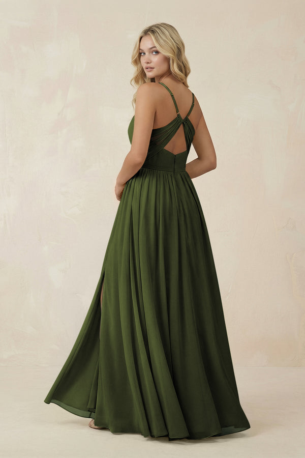 V - Neck Spaghetti Strap A - Line Chiffon Bridesmaid Dress in Olive - KissProm Bridesmaid Dresses