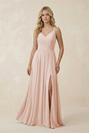 V - Neck Spaghetti Strap A - Line Chiffon Bridesmaid Dress in Pale Blush - KissProm Bridesmaid Dresses