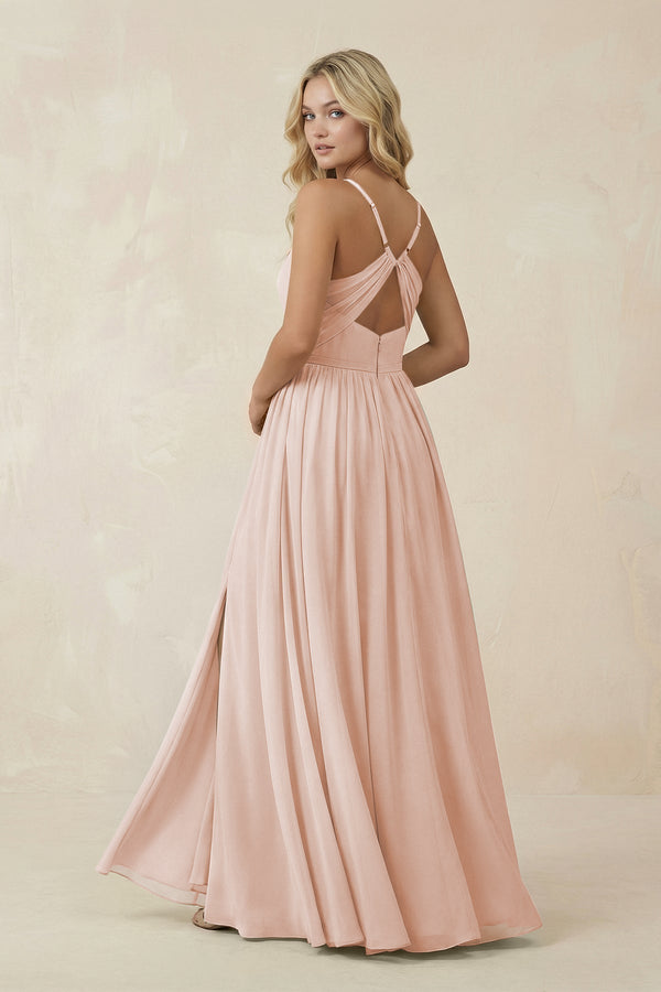 V - Neck Spaghetti Strap A - Line Chiffon Bridesmaid Dress in Pale Blush - KissProm Bridesmaid Dresses