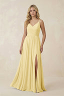 V - Neck Spaghetti Strap A - Line Chiffon Bridesmaid Dress in Pastel Yellow - KissProm Bridesmaid Dresses