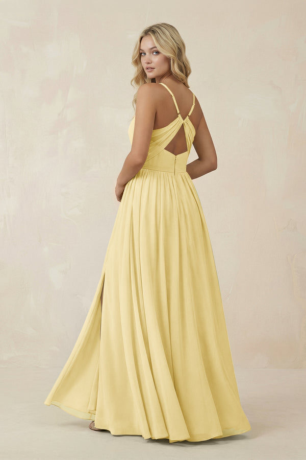 V - Neck Spaghetti Strap A - Line Chiffon Bridesmaid Dress in Pastel Yellow - KissProm Bridesmaid Dresses