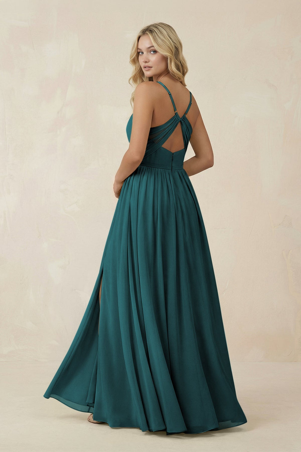 V - Neck Spaghetti Strap A - Line Chiffon Bridesmaid Dress in Pine - KissProm Bridesmaid Dresses