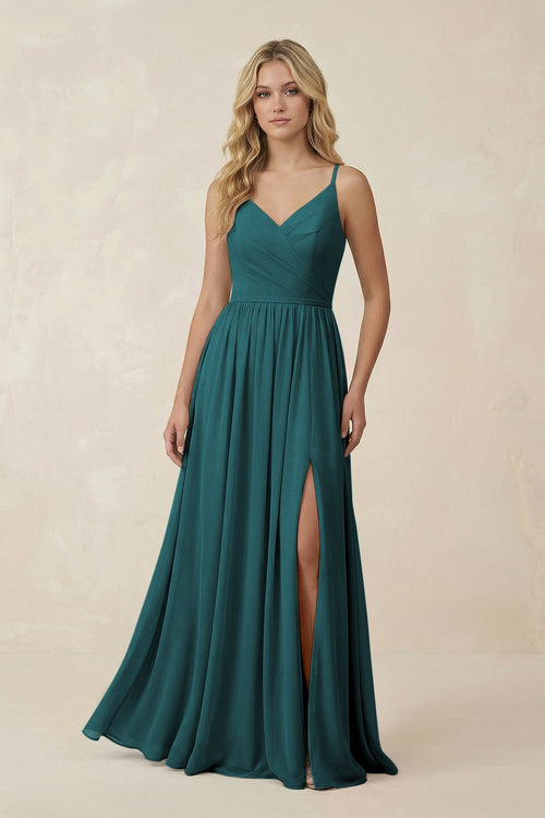 KissProm | V-Neck Spaghetti Strap A-Line Bridesmaid Dress in Pine