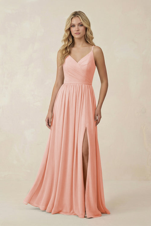V - Neck Spaghetti Strap A - Line Chiffon Bridesmaid Dress in Rose Petal - KissProm Bridesmaid Dresses