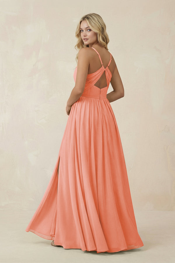 V - Neck Spaghetti Strap A - Line Chiffon Bridesmaid Dress in Rosette - KissProm Bridesmaid Dresses