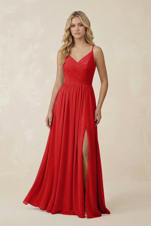 KissProm V-Neck Spaghetti Strap A-Line Chiffon Bridesmaid Dress in Ruby Red, Ruby Red / 6