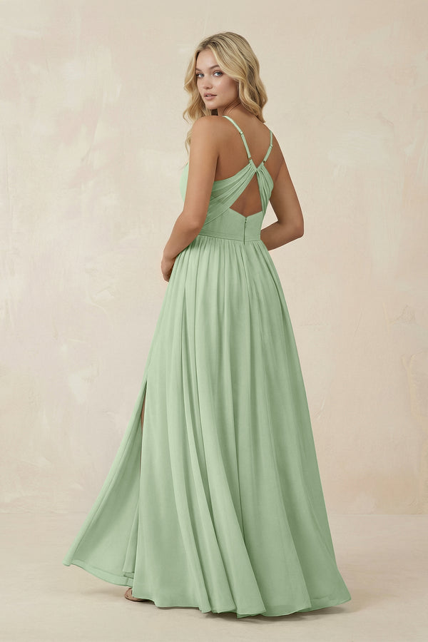 V - Neck Spaghetti Strap A - Line Chiffon Bridesmaid Dress in Sage - KissProm Bridesmaid Dresses