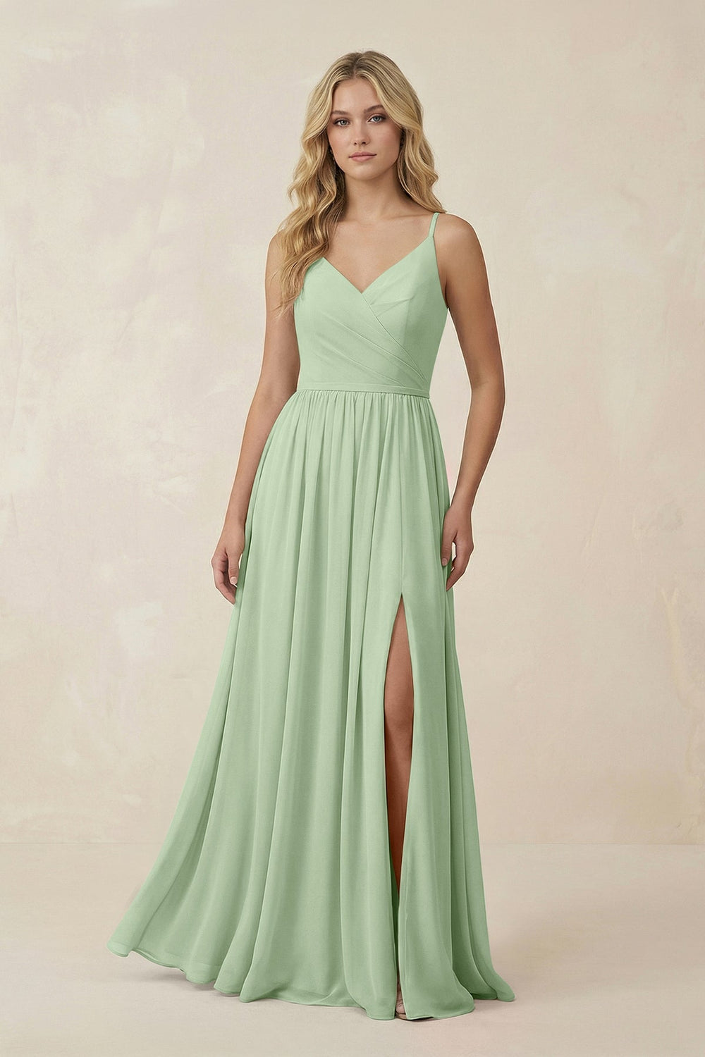 V - Neck Spaghetti Strap A - Line Chiffon Bridesmaid Dress in Sage - KissProm Bridesmaid Dresses