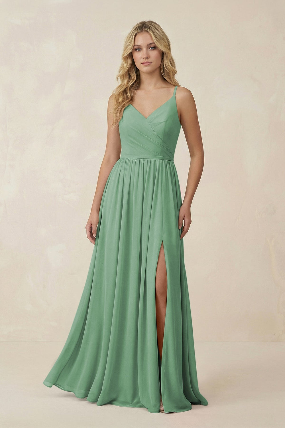 V - Neck Spaghetti Strap A - Line Chiffon Bridesmaid Dress in Sea Glass - KissProm Bridesmaid Dresses