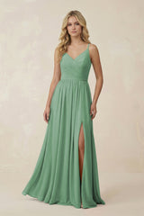 V - Neck Spaghetti Strap A - Line Chiffon Bridesmaid Dress in Sea Glass - KissProm Bridesmaid Dresses
