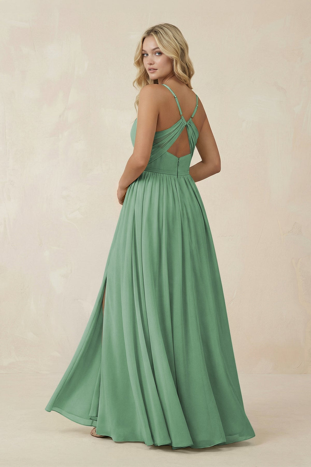 V - Neck Spaghetti Strap A - Line Chiffon Bridesmaid Dress in Sea Glass - KissProm Bridesmaid Dresses