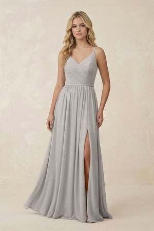 V - Neck Spaghetti Strap A - Line Chiffon Bridesmaid Dress in Silver - KissProm Bridesmaid Dresses